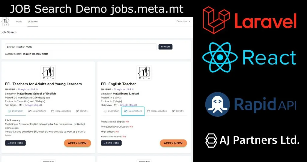 Job Search with Laravel Breeze, next.js, rapidapi, built by AJ Partners Ltd. for meta.mt