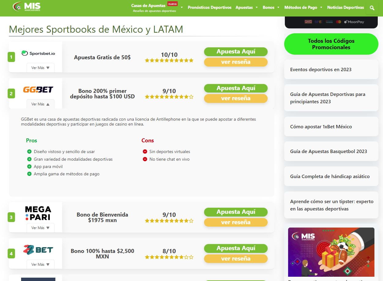 Mis marcadores Mexican sportsbook affiliate website desktop homepage view