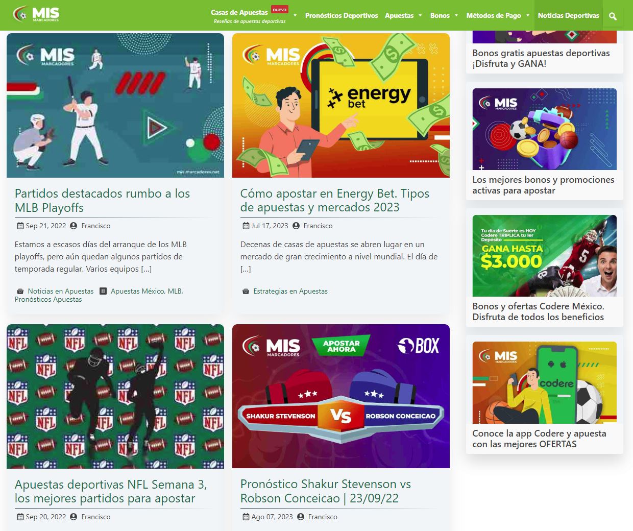 Mis marcadores Mexican sportsbook affiliate website desktop news view